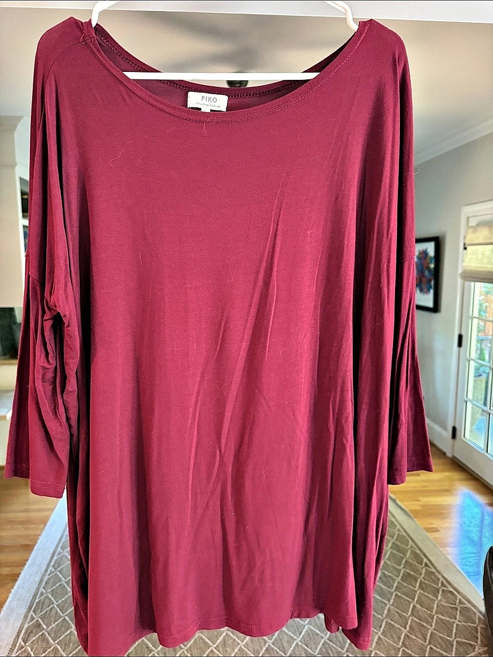 Piko 3/4 Sleeve Scoop Neck Top Dress Burgundy Large